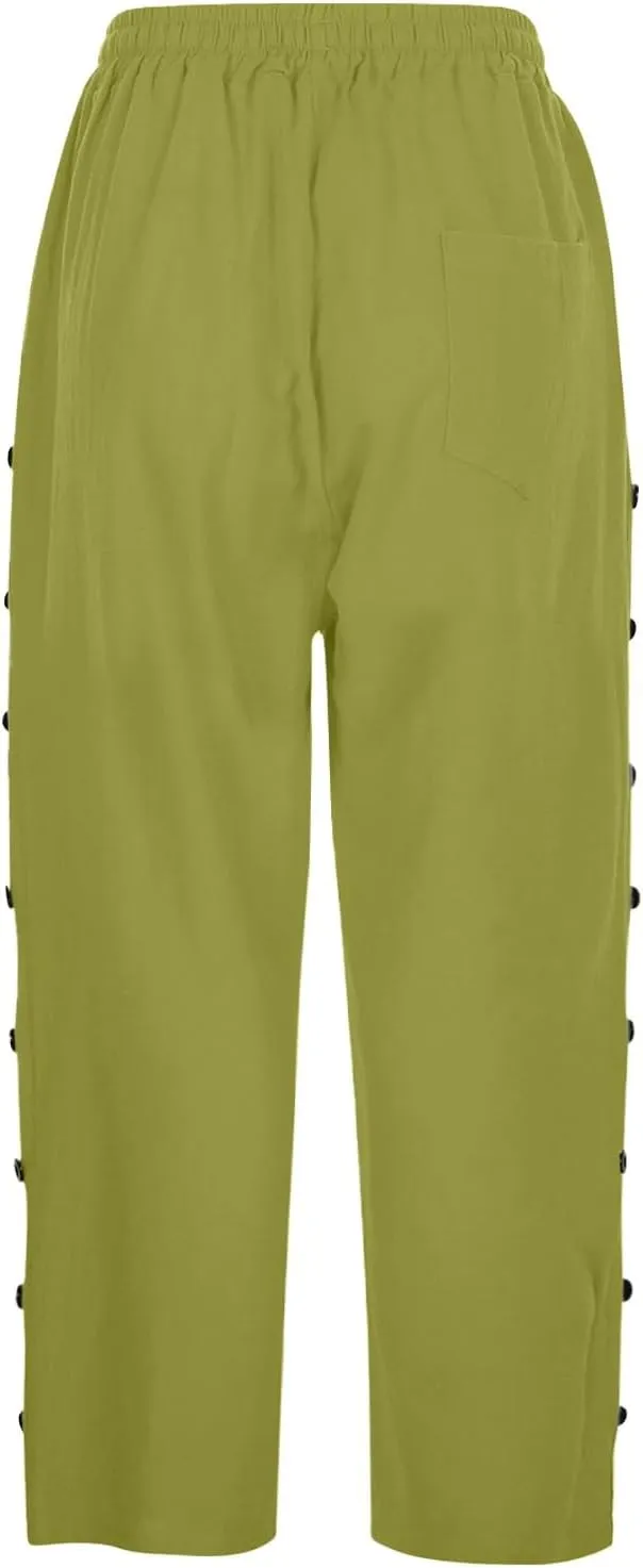 Capri Pants for Women 2025 Summer Casual Drawstring Elastic High Waist Linen Pants Wide Leg Plus Size Lounge Capris