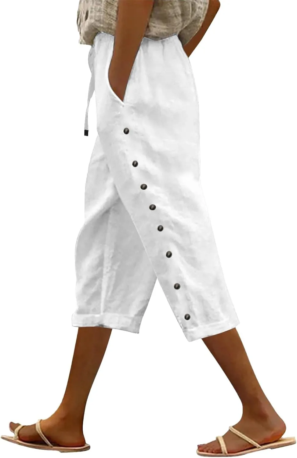 Capri Pants for Women 2025 Summer Casual Drawstring Elastic High Waist Linen Pants Wide Leg Plus Size Lounge Capris