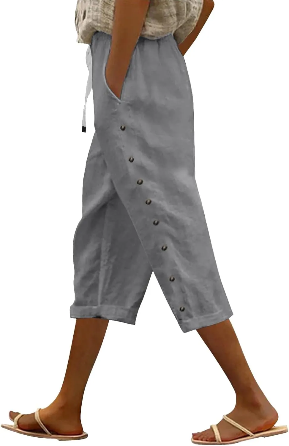 Capri Pants for Women 2025 Summer Casual Drawstring Elastic High Waist Linen Pants Wide Leg Plus Size Lounge Capris