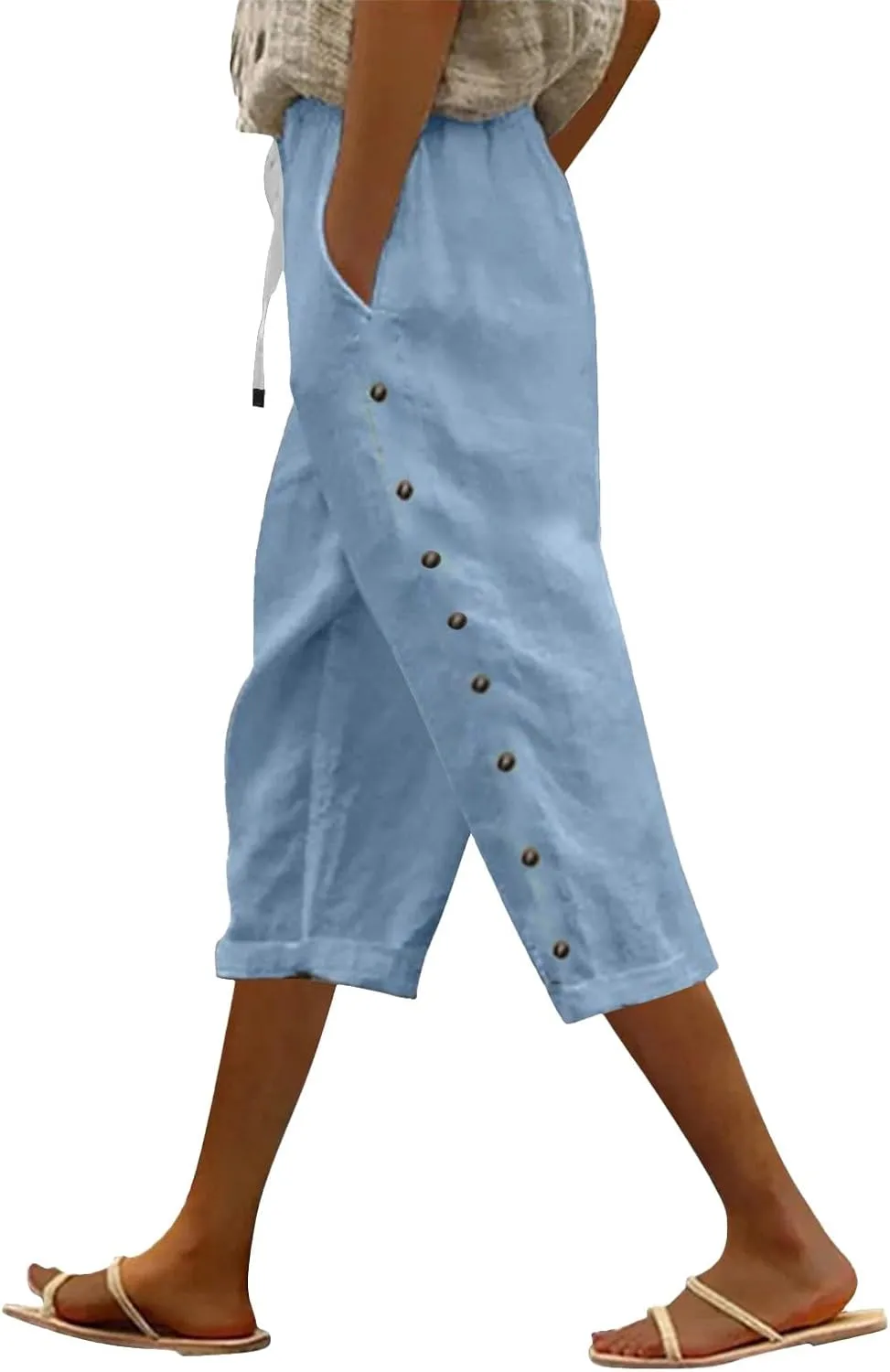 Capri Pants for Women 2025 Summer Casual Drawstring Elastic High Waist Linen Pants Wide Leg Plus Size Lounge Capris