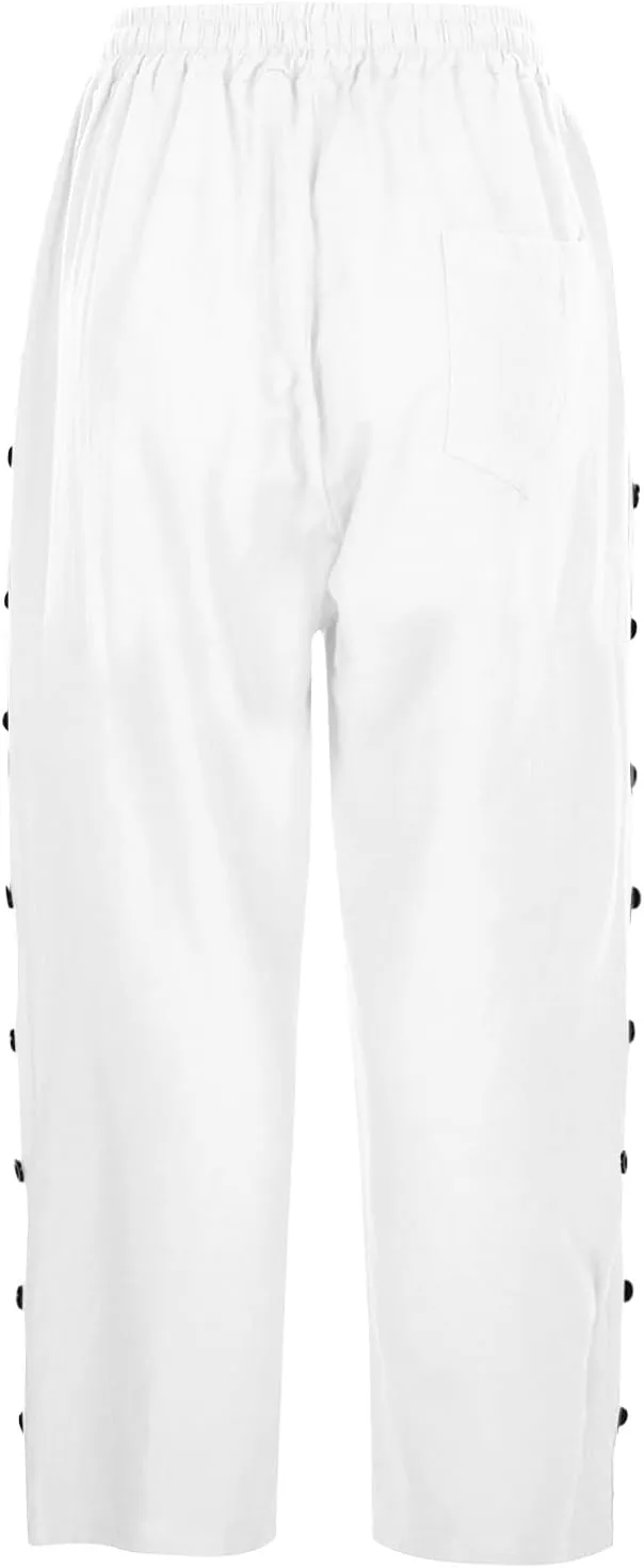 Capri Pants for Women 2025 Summer Casual Drawstring Elastic High Waist Linen Pants Wide Leg Plus Size Lounge Capris