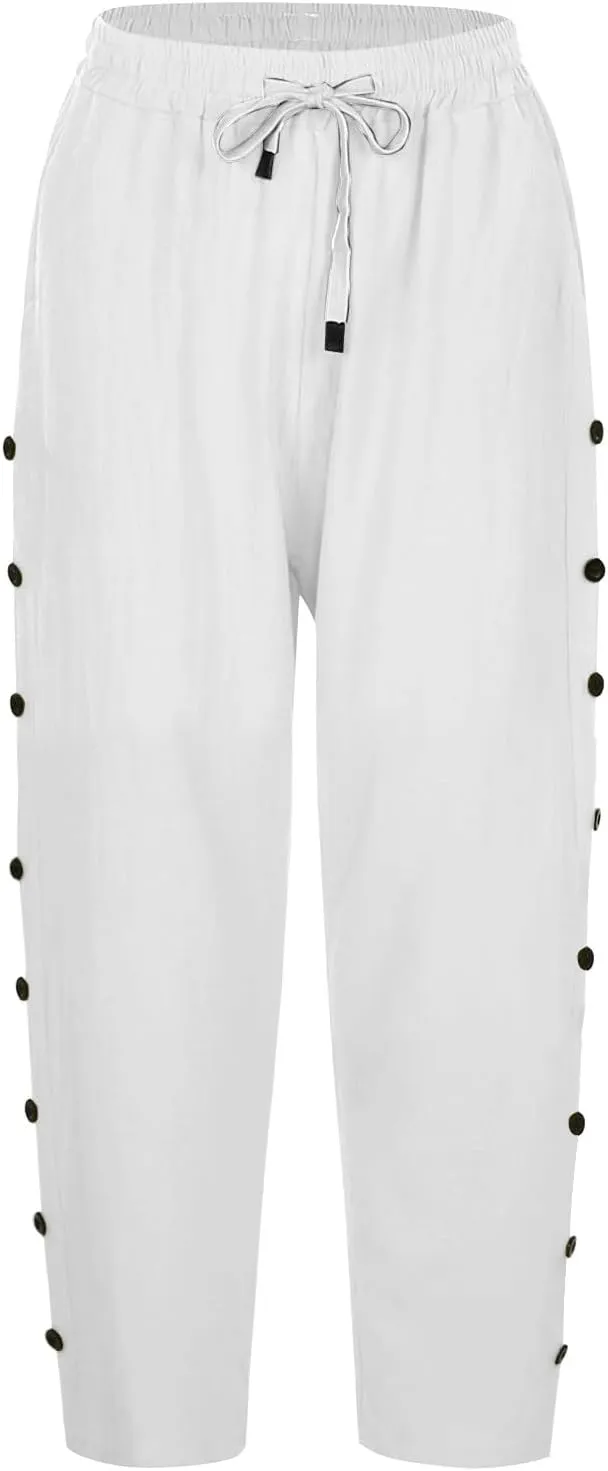 Capri Pants for Women 2025 Summer Casual Drawstring Elastic High Waist Linen Pants Wide Leg Plus Size Lounge Capris