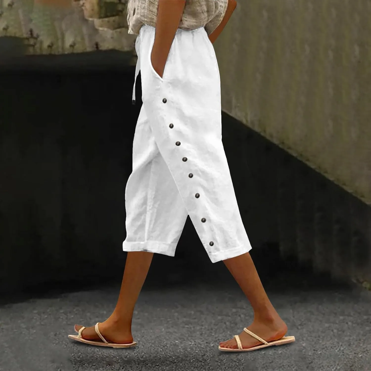 Capri Pants for Women 2025 Summer Casual Drawstring Elastic High Waist Linen Pants Wide Leg Plus Size Lounge Capris