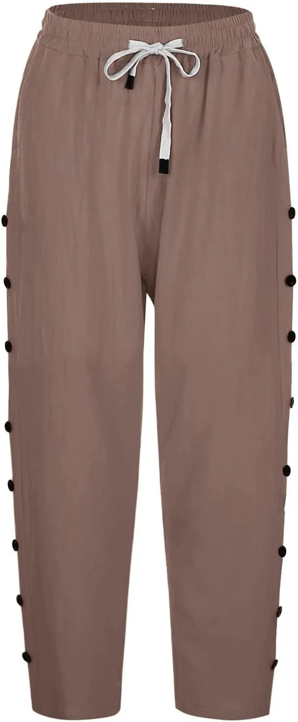Capri Pants for Women 2025 Summer Casual Drawstring Elastic High Waist Linen Pants Wide Leg Plus Size Lounge Capris