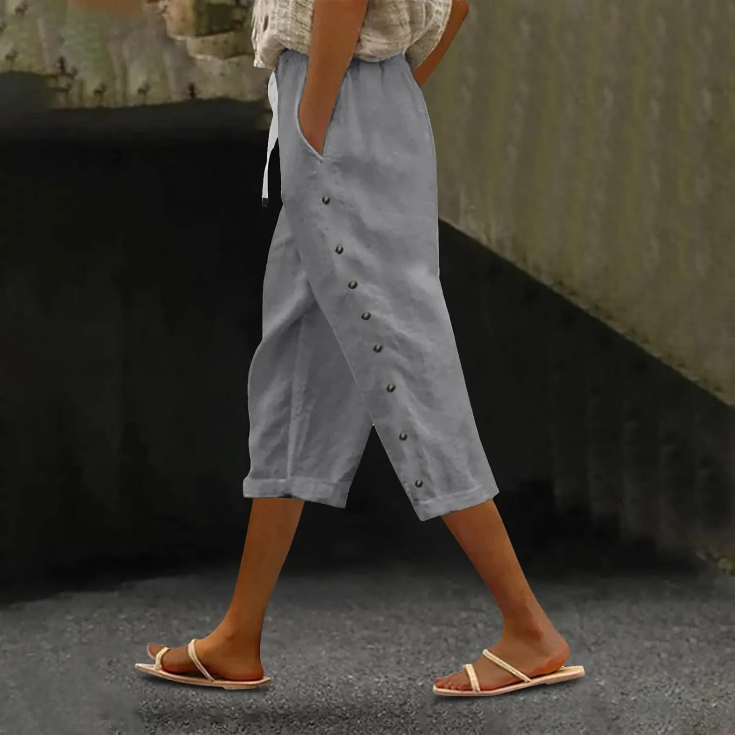 Capri Pants for Women 2025 Summer Casual Drawstring Elastic High Waist Linen Pants Wide Leg Plus Size Lounge Capris