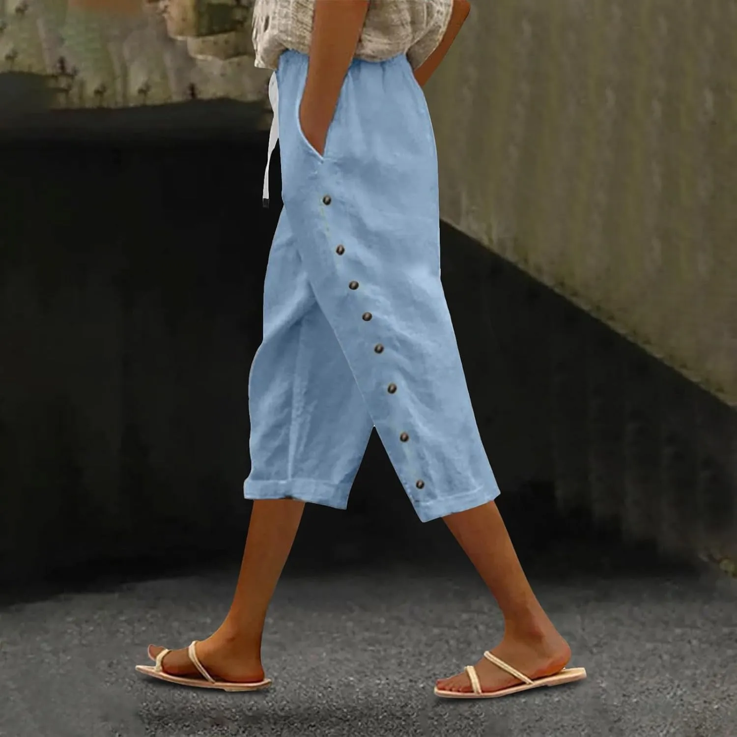 Capri Pants for Women 2025 Summer Casual Drawstring Elastic High Waist Linen Pants Wide Leg Plus Size Lounge Capris