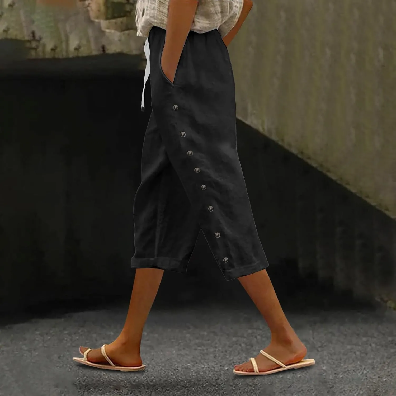 Capri Pants for Women 2025 Summer Casual Drawstring Elastic High Waist Linen Pants Wide Leg Plus Size Lounge Capris