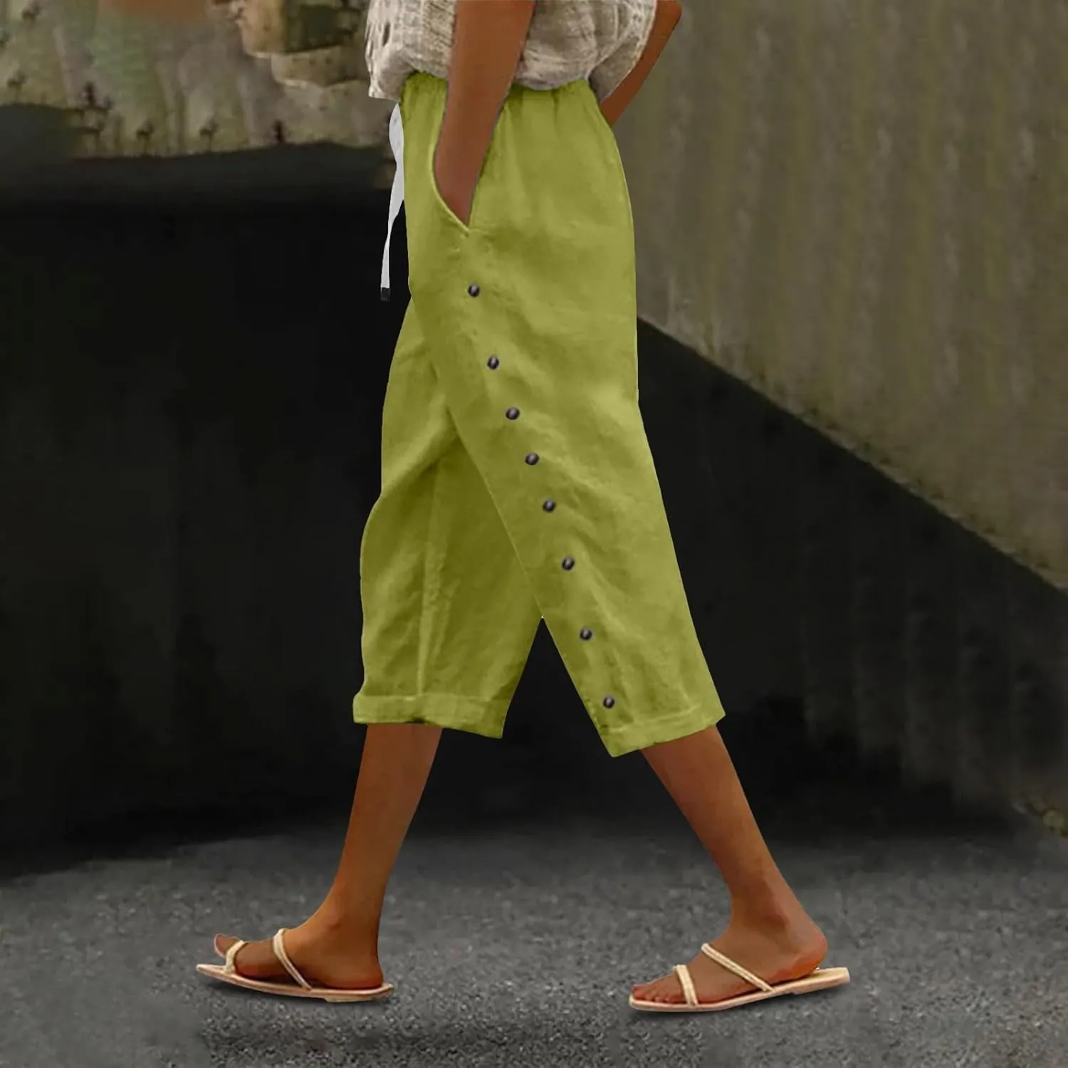 Capri Pants for Women 2025 Summer Casual Drawstring Elastic High Waist Linen Pants Wide Leg Plus Size Lounge Capris