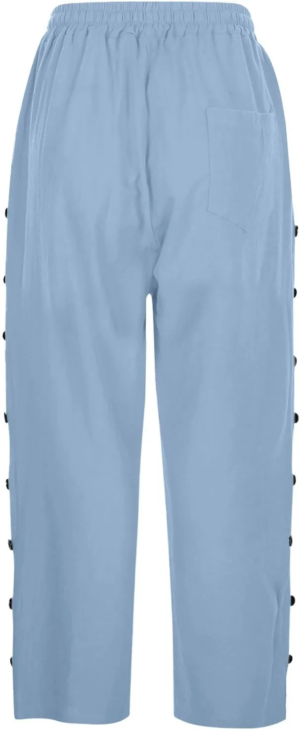 Capri Pants for Women 2025 Summer Casual Drawstring Elastic High Waist Linen Pants Wide Leg Plus Size Lounge Capris