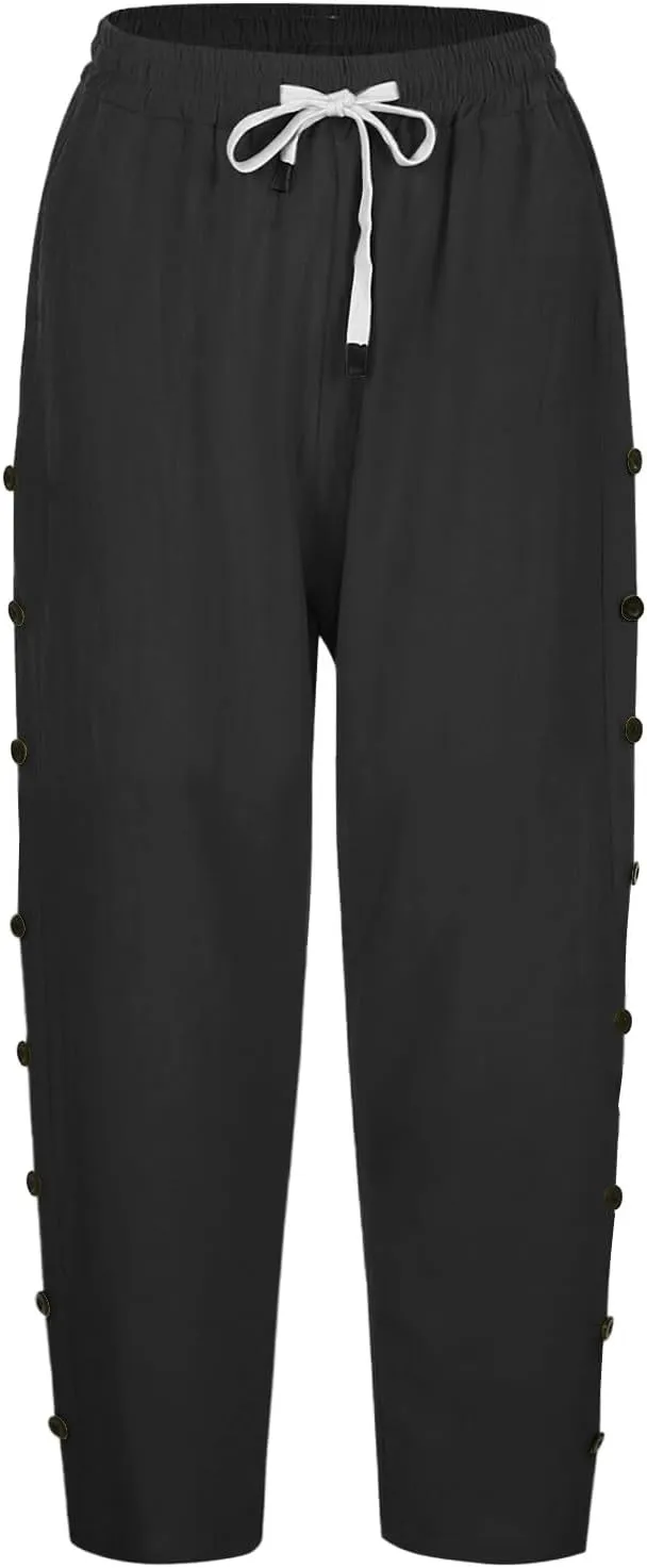 Capri Pants for Women 2025 Summer Casual Drawstring Elastic High Waist Linen Pants Wide Leg Plus Size Lounge Capris