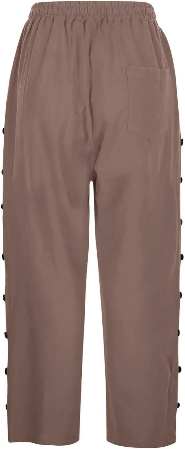 Capri Pants for Women 2025 Summer Casual Drawstring Elastic High Waist Linen Pants Wide Leg Plus Size Lounge Capris