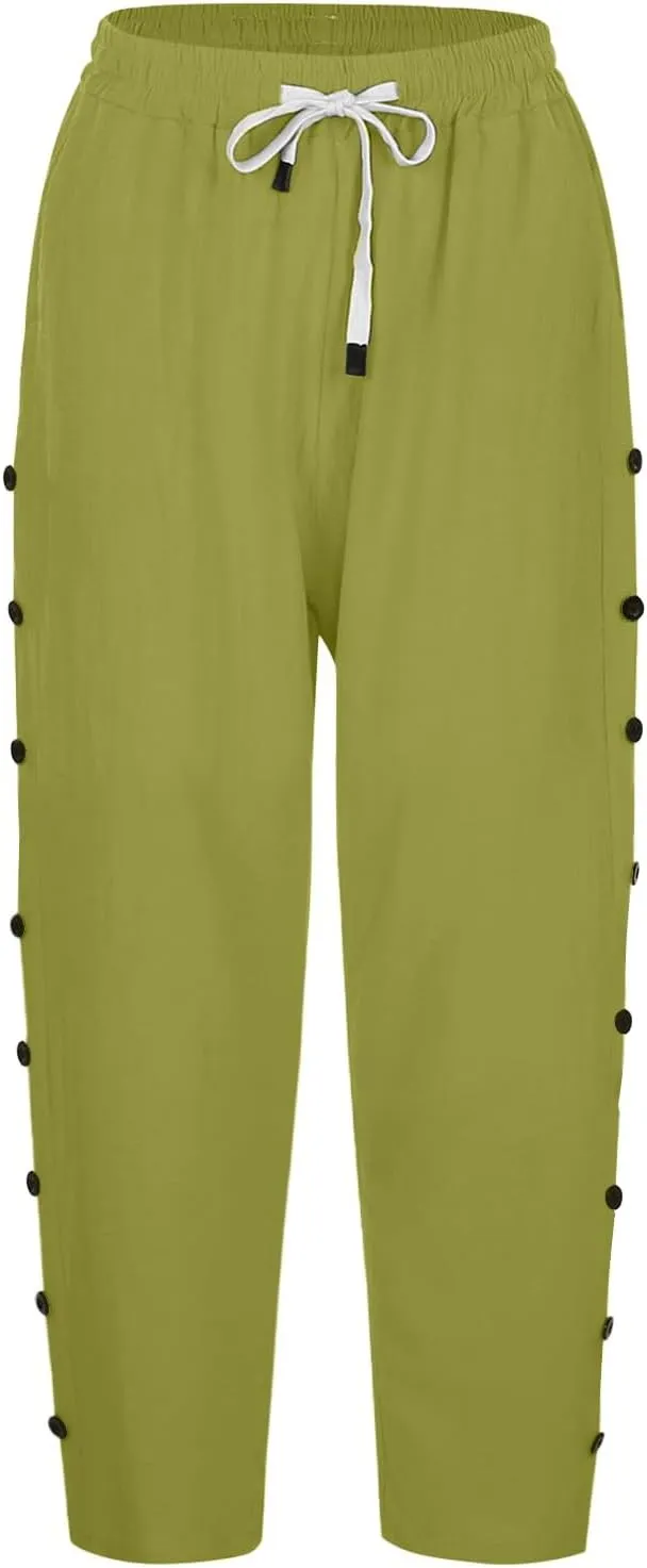 Capri Pants for Women 2025 Summer Casual Drawstring Elastic High Waist Linen Pants Wide Leg Plus Size Lounge Capris