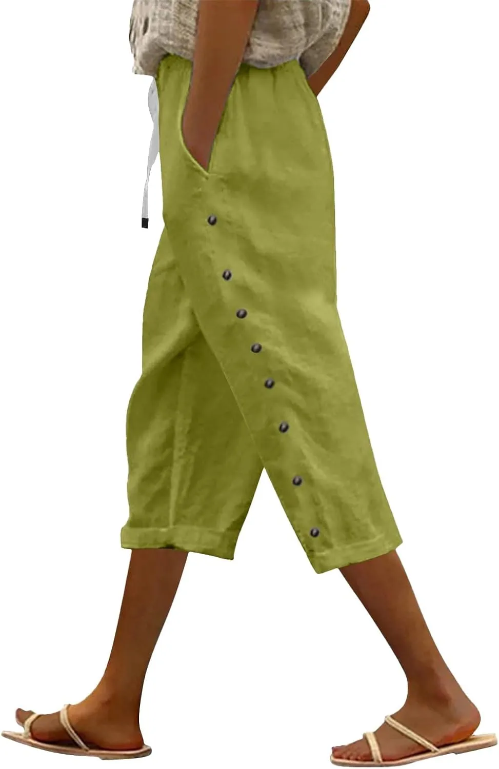 Capri Pants for Women 2025 Summer Casual Drawstring Elastic High Waist Linen Pants Wide Leg Plus Size Lounge Capris
