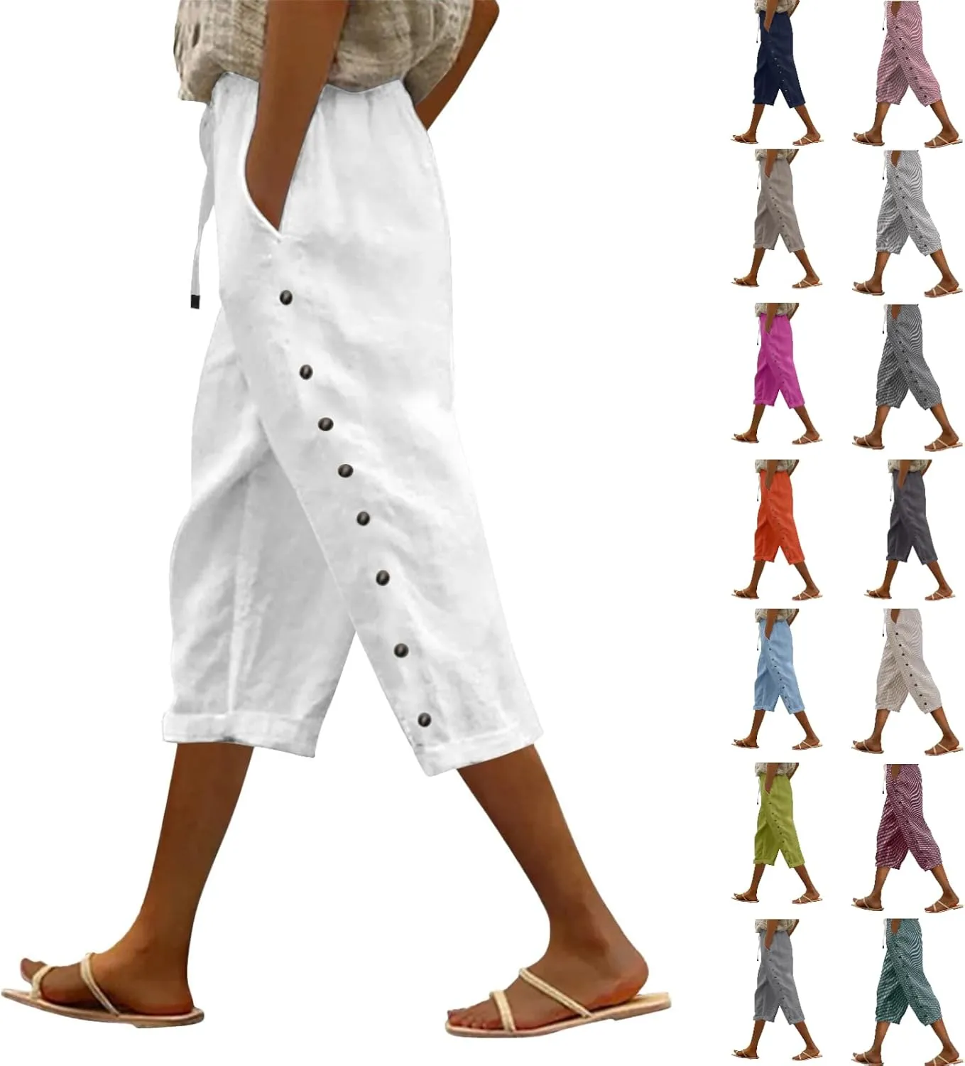 Capri Pants for Women 2025 Summer Casual Drawstring Elastic High Waist Linen Pants Wide Leg Plus Size Lounge Capris