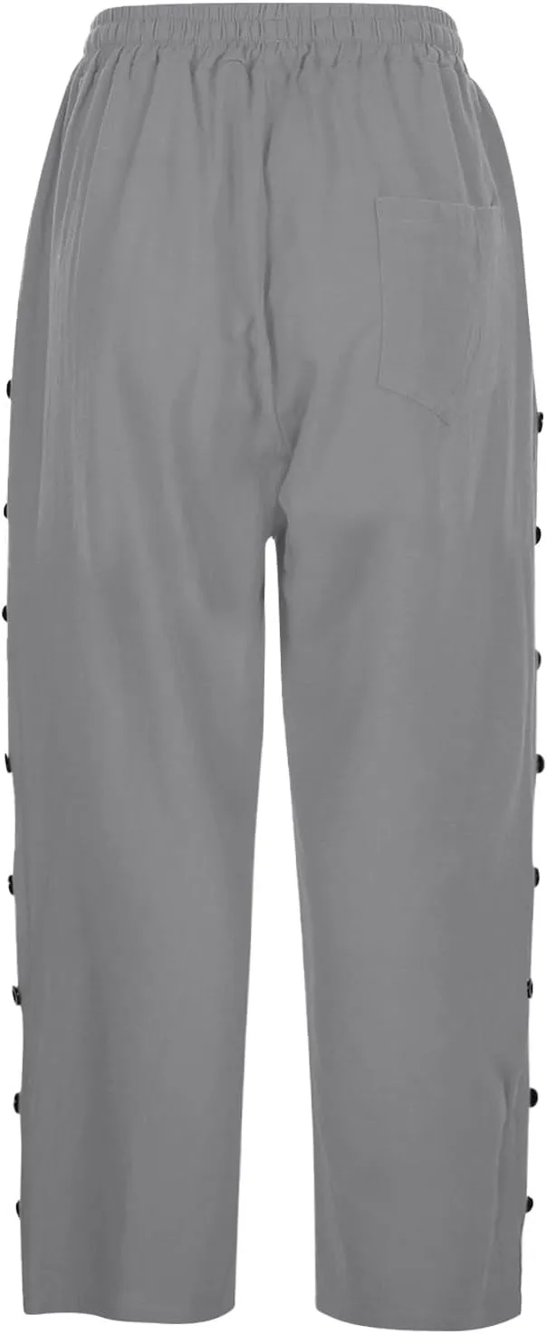 Capri Pants for Women 2025 Summer Casual Drawstring Elastic High Waist Linen Pants Wide Leg Plus Size Lounge Capris