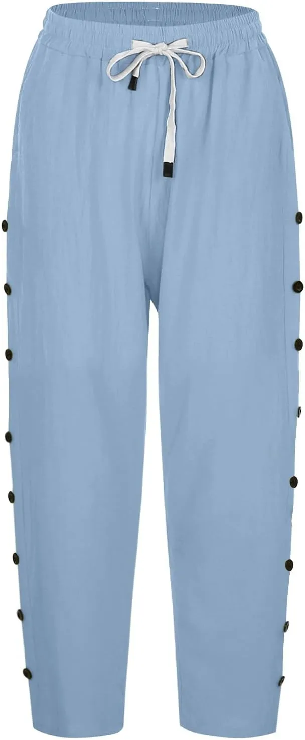 Capri Pants for Women 2025 Summer Casual Drawstring Elastic High Waist Linen Pants Wide Leg Plus Size Lounge Capris
