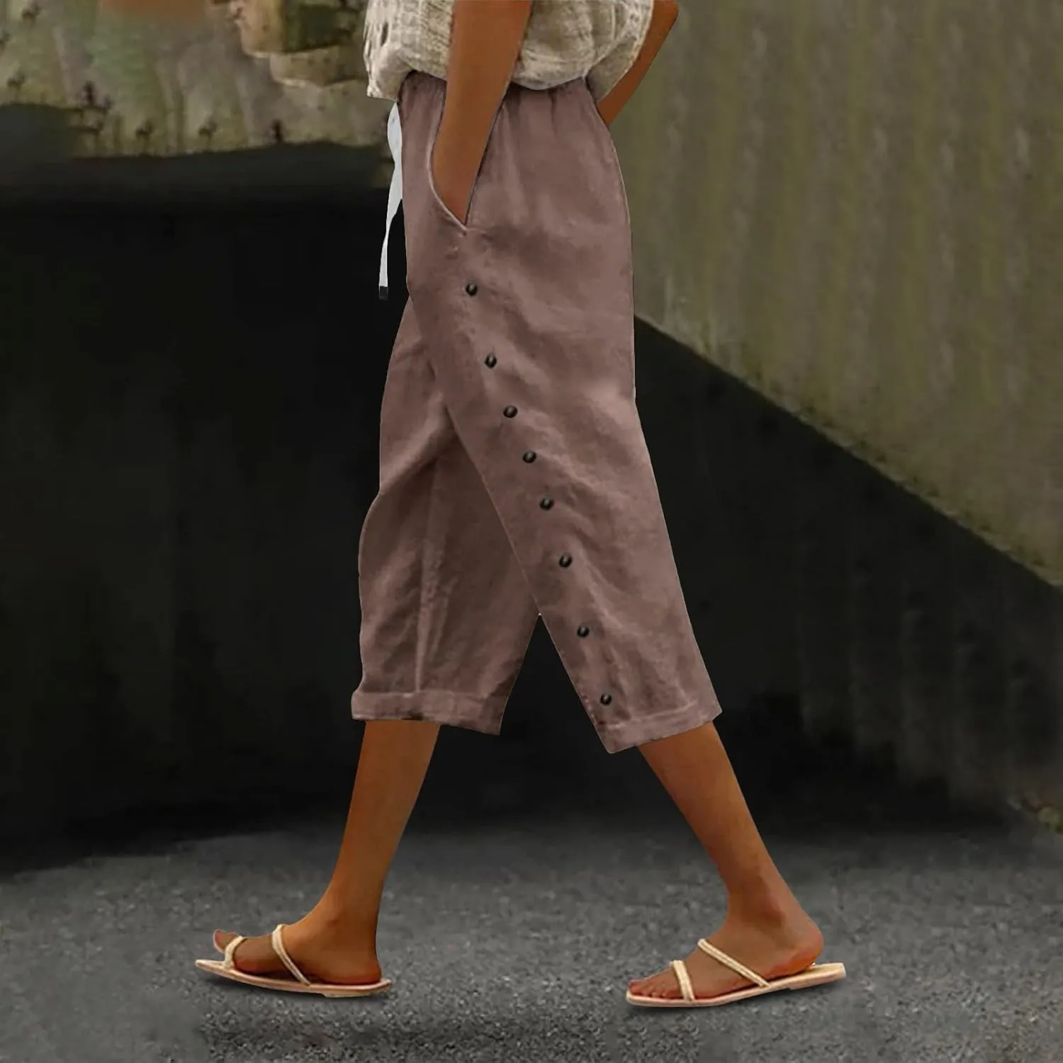 Capri Pants for Women 2025 Summer Casual Drawstring Elastic High Waist Linen Pants Wide Leg Plus Size Lounge Capris
