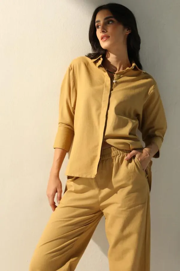 Caramel  Airy Linen Chic Sleeve Cord-Set