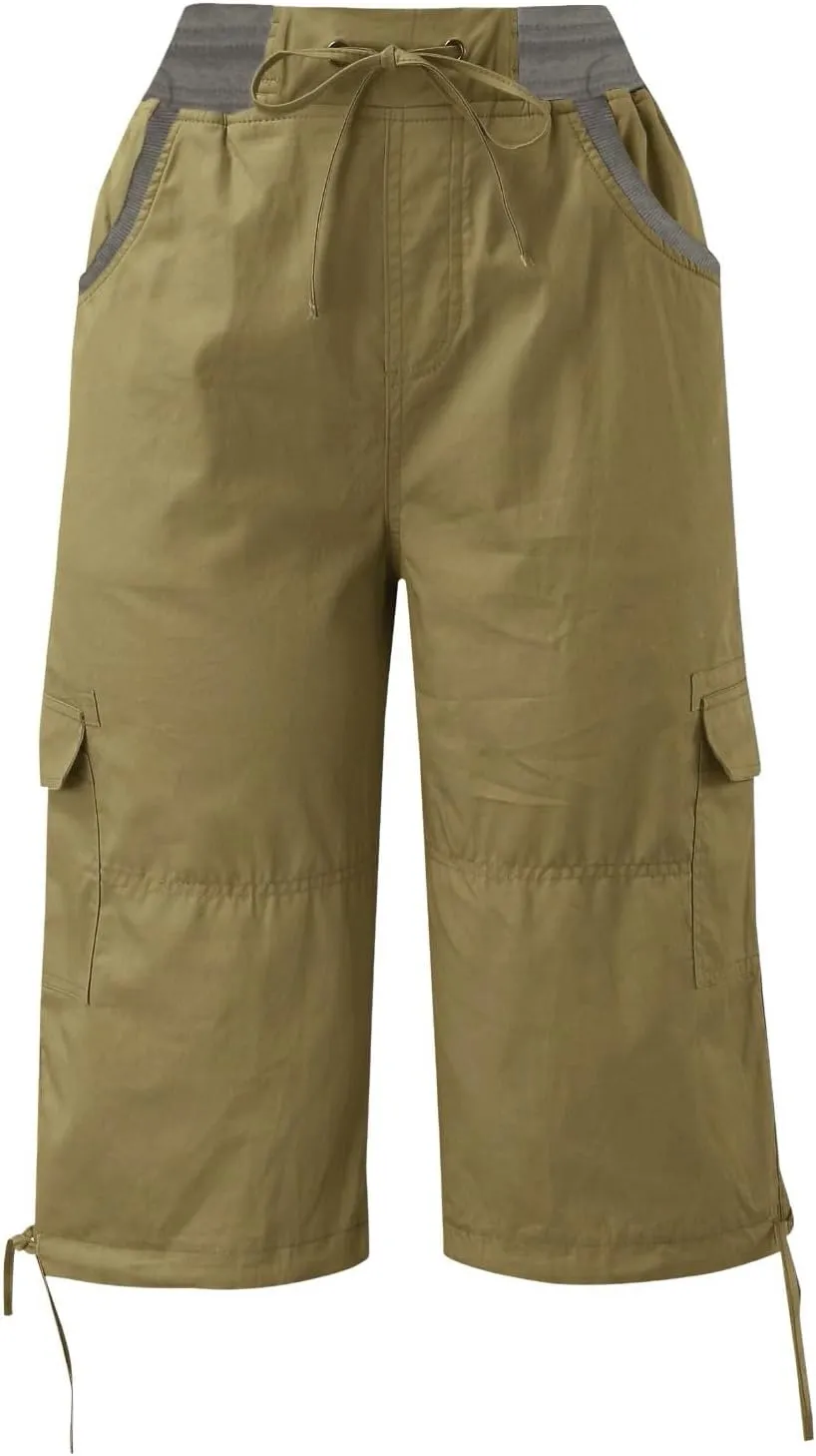 Cargo Casual Pants Women Summer Outdoor Tactical Workout Sweatpants Waist Drawstring Cropped Pants with Multi Pockets