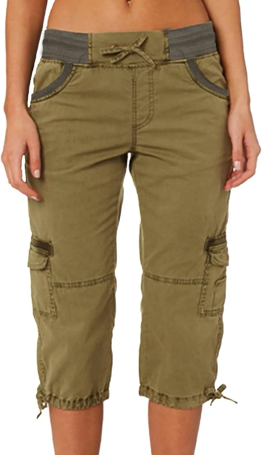Cargo Casual Pants Women Summer Outdoor Tactical Workout Sweatpants Waist Drawstring Cropped Pants with Multi Pockets