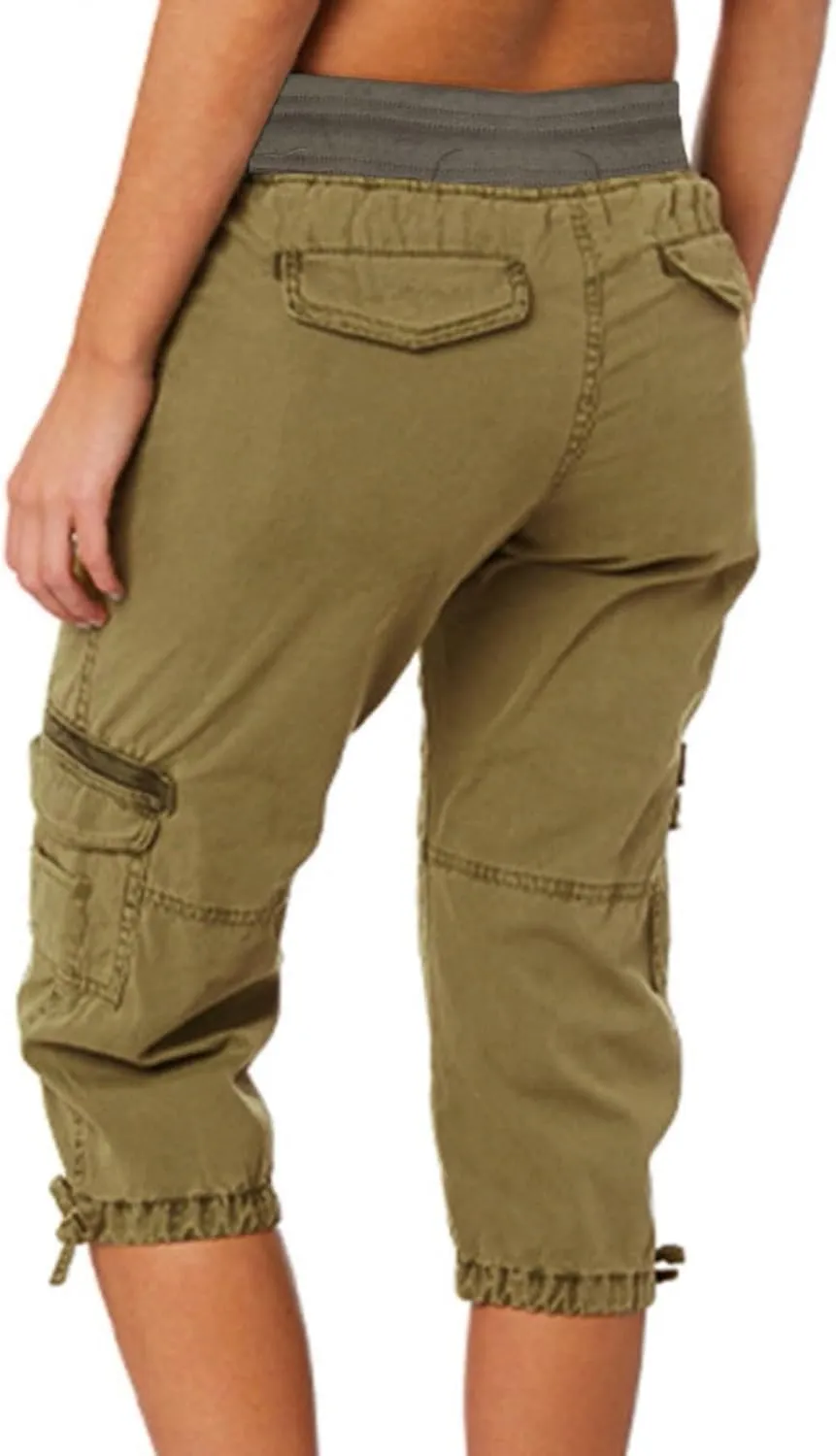 Cargo Casual Pants Women Summer Outdoor Tactical Workout Sweatpants Waist Drawstring Cropped Pants with Multi Pockets