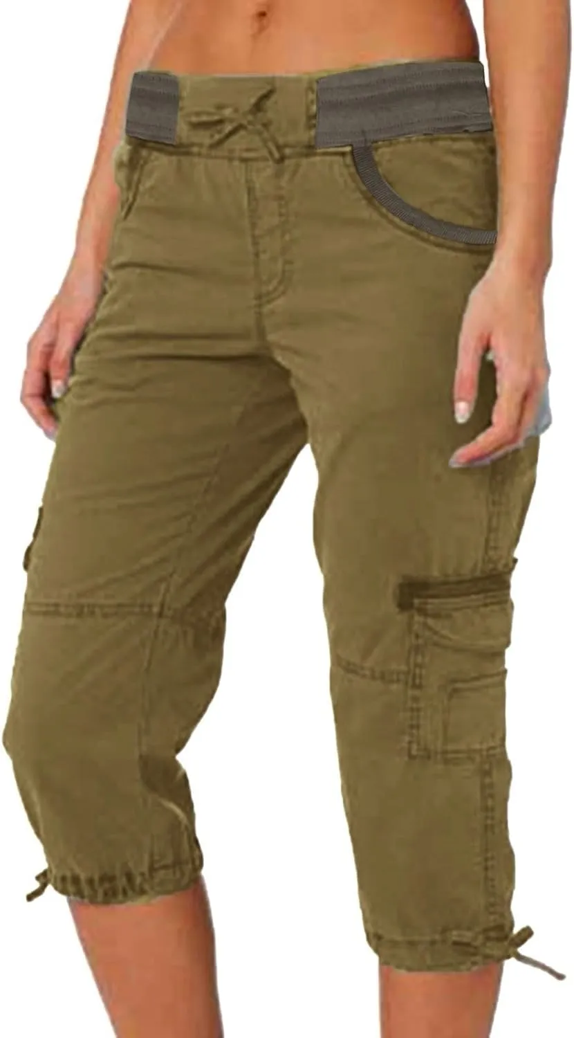 Cargo Casual Pants Women Summer Outdoor Tactical Workout Sweatpants Waist Drawstring Cropped Pants with Multi Pockets