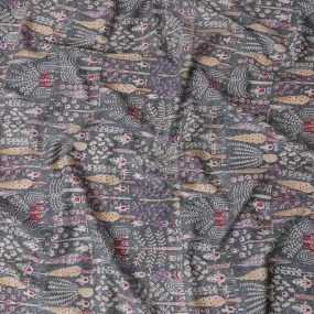 Charcoal Folklore Cotton Lawn Fabric - Eclectic Grey with Vibrant Ethnic Accents, 110cm Width-D18762