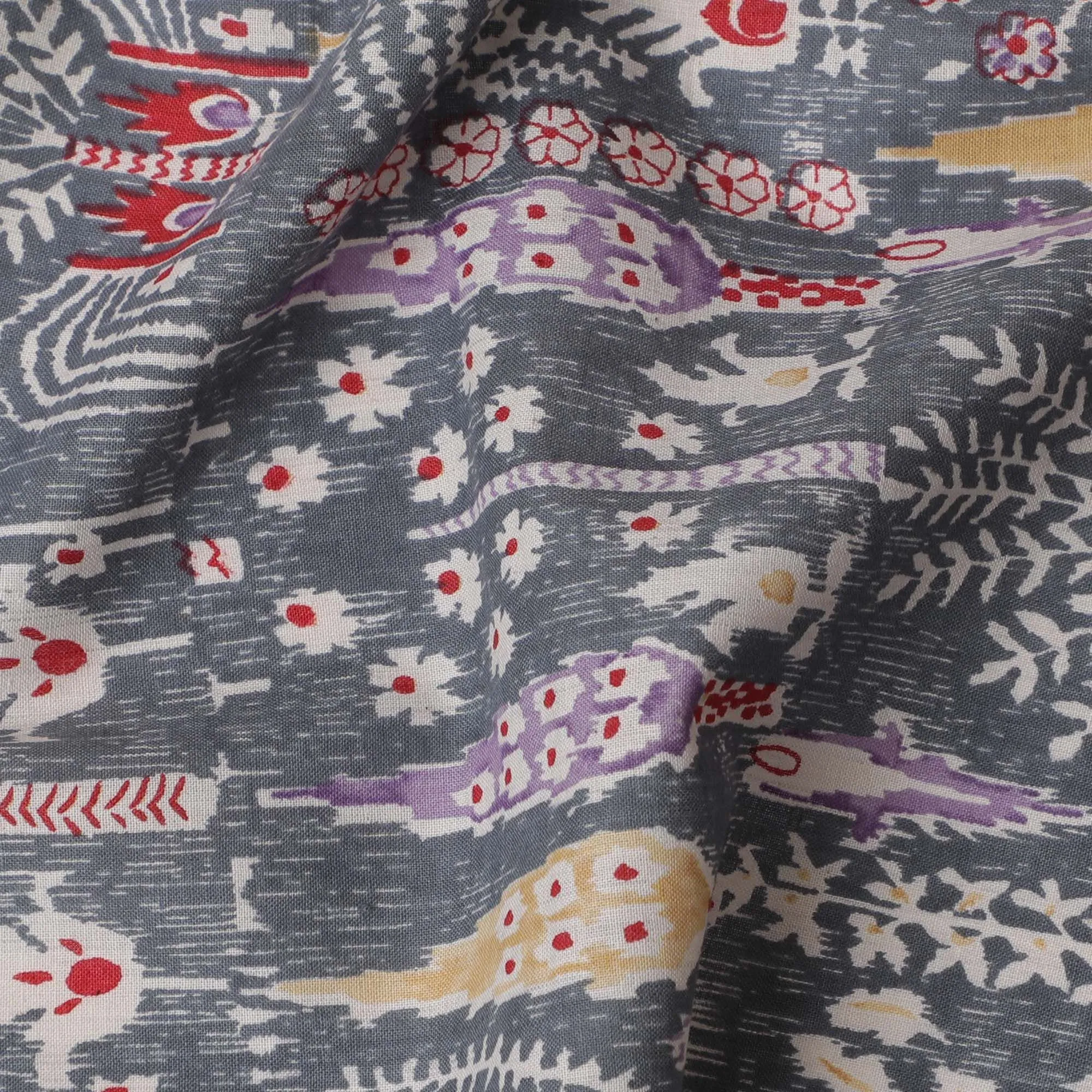 Charcoal Folklore Cotton Lawn Fabric - Eclectic Grey with Vibrant Ethnic Accents, 110cm Width-D18762