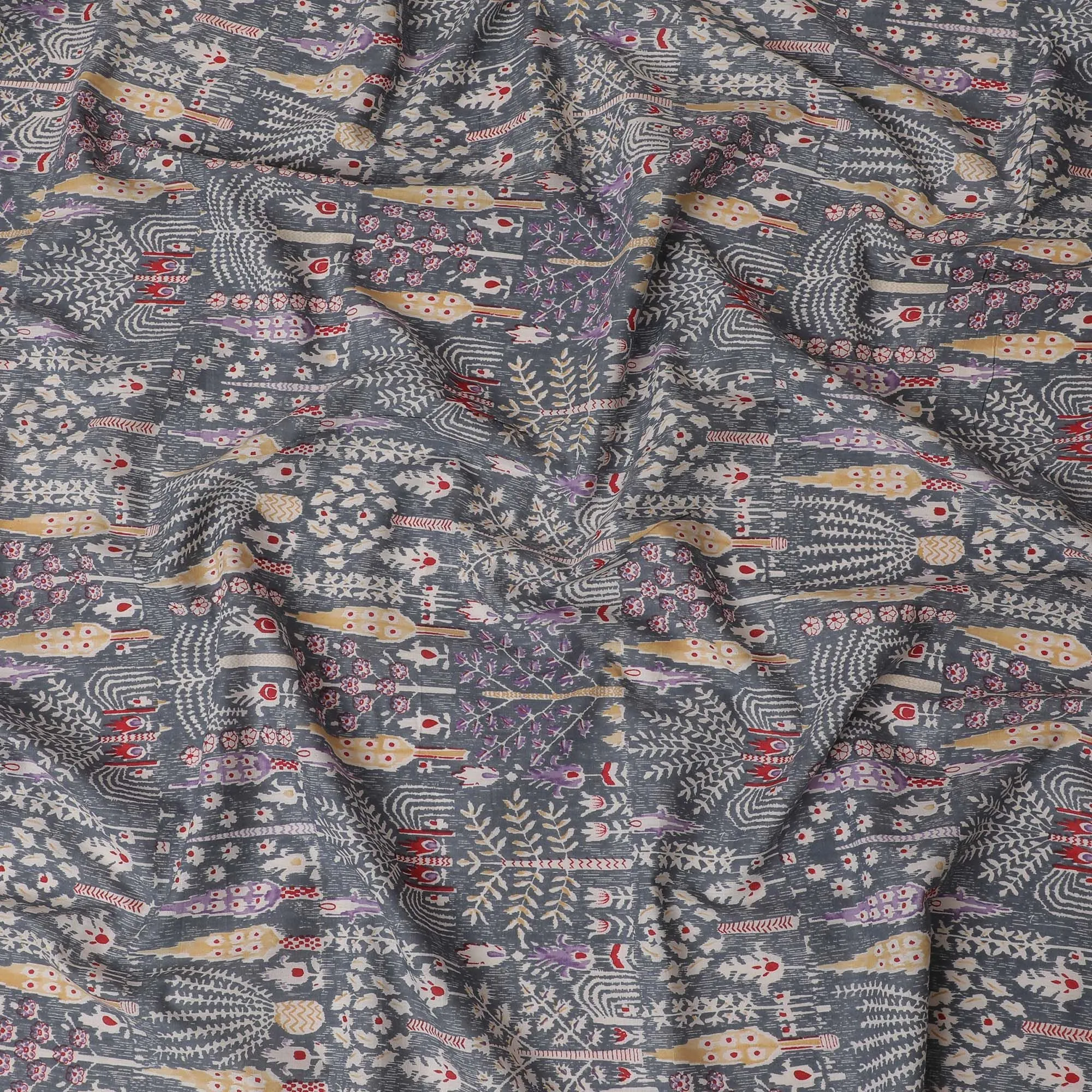 Charcoal Folklore Cotton Lawn Fabric - Eclectic Grey with Vibrant Ethnic Accents, 110cm Width-D18762