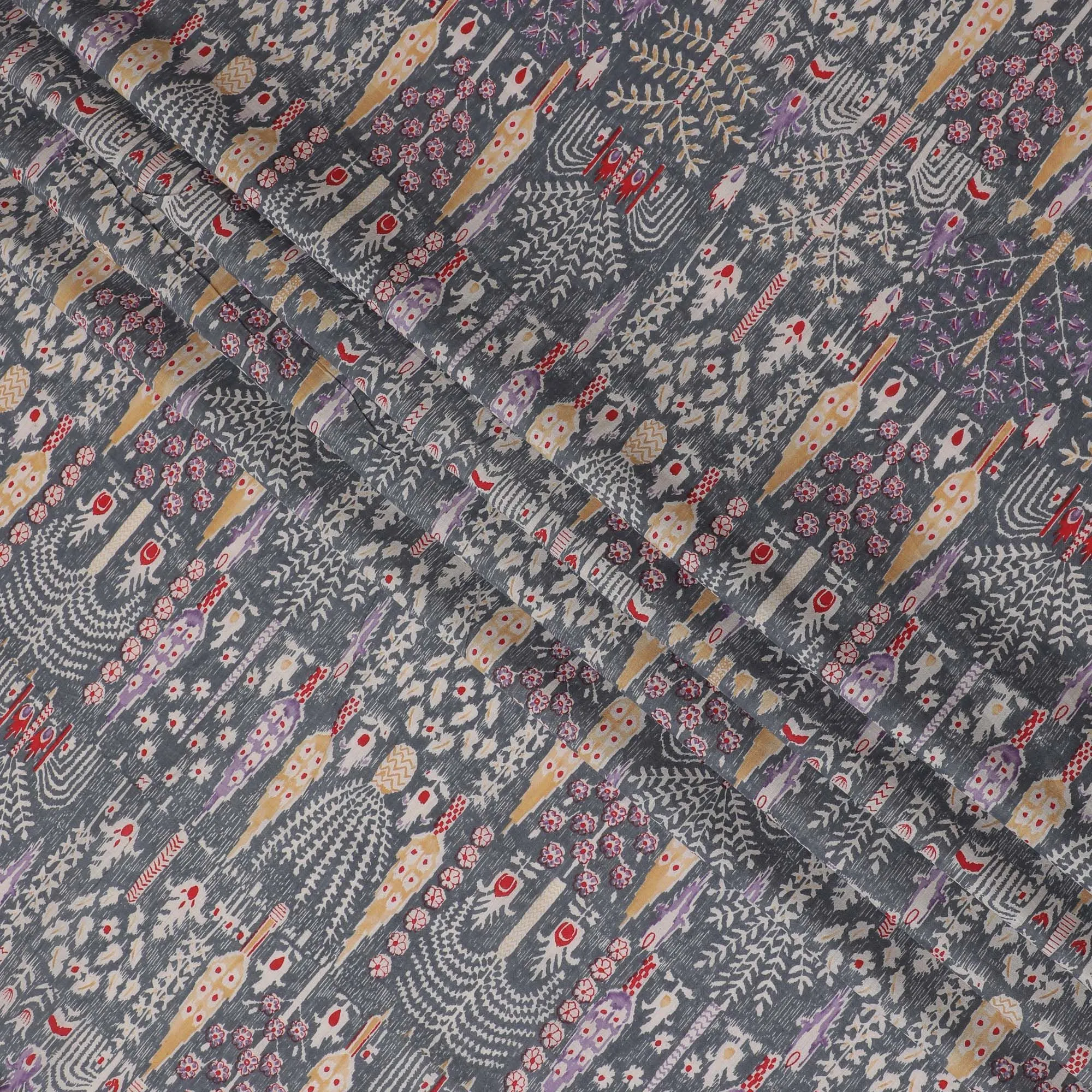 Charcoal Folklore Cotton Lawn Fabric - Eclectic Grey with Vibrant Ethnic Accents, 110cm Width-D18762