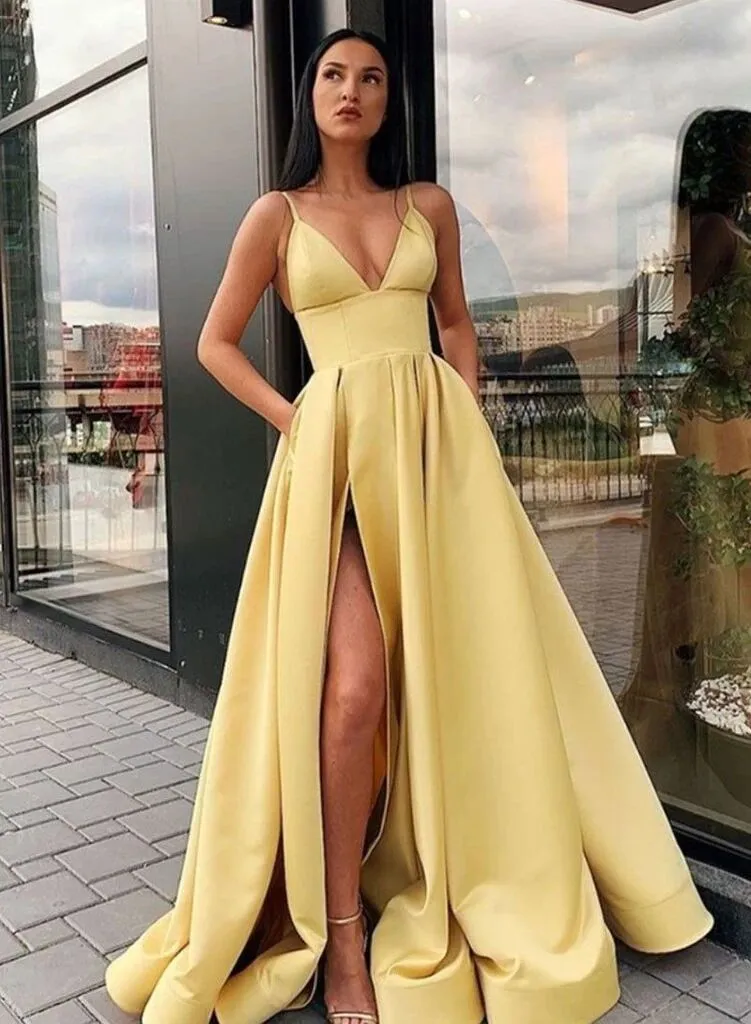 Charming A Line Spaghetti Straps Yellow Prom Dresses with Split Front PFP1619