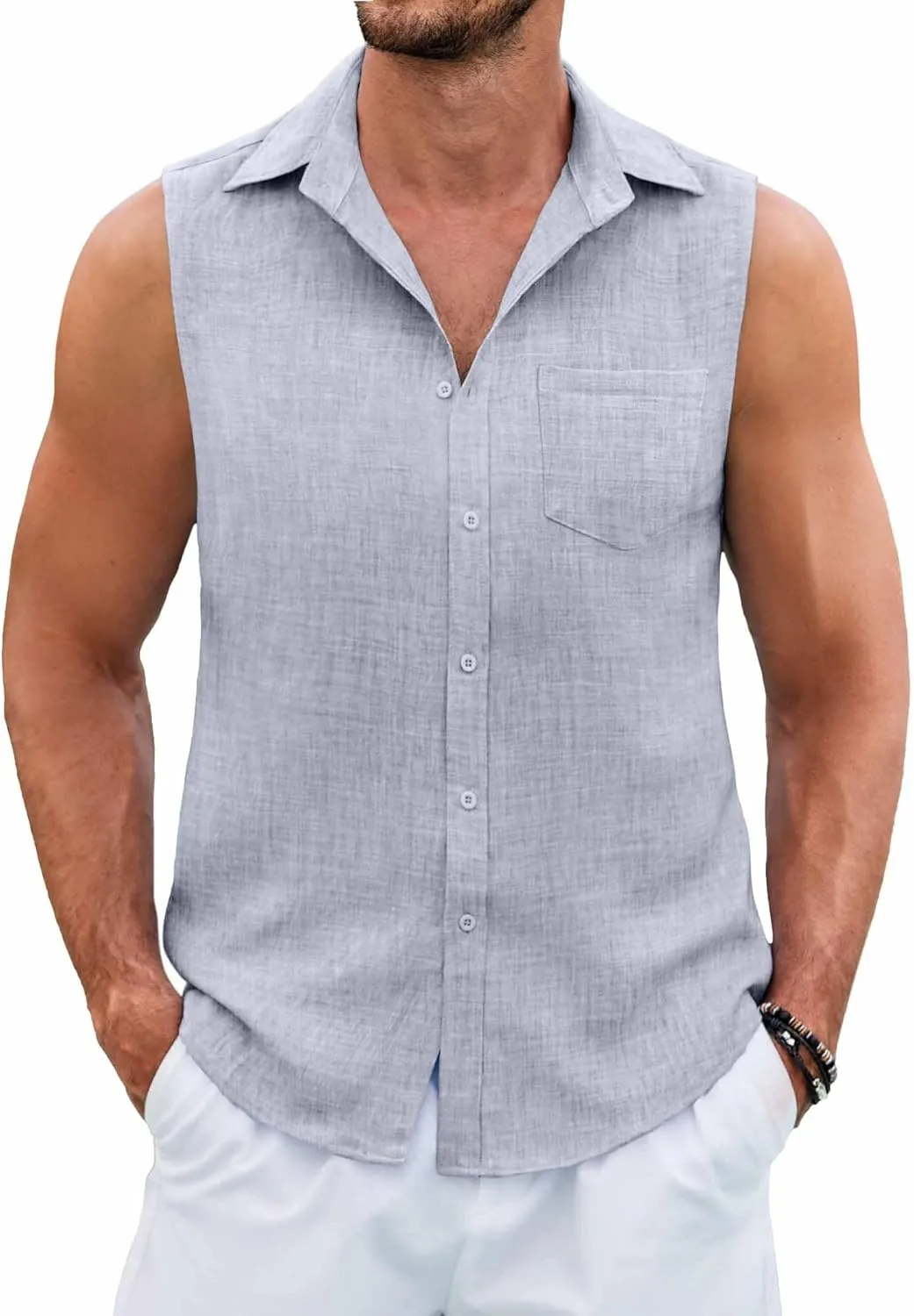 COOFANDY Men's Sleeveless Beach Shirts Summer Button Up Tank Tops Casual Textured Tank Shirt