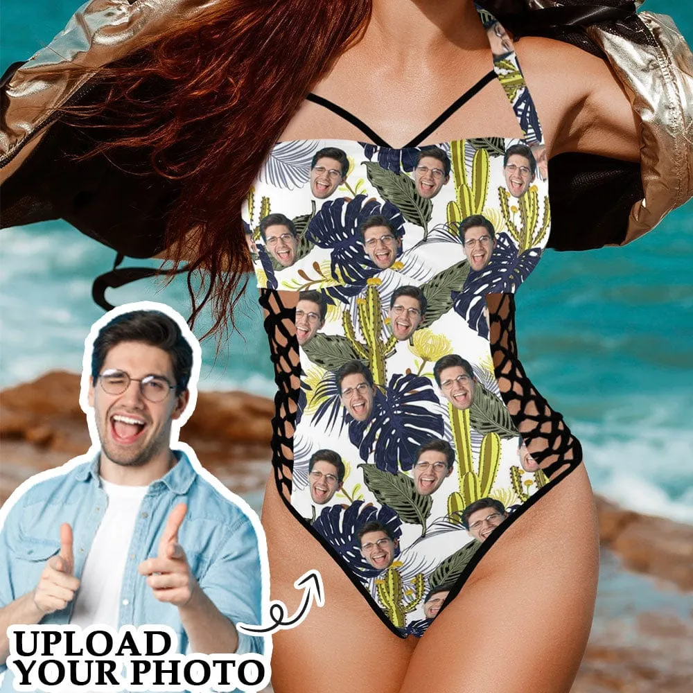 Custom Face Cactus Women's Sexy One Pieces Swimsuit Lace Up Side Halter Back Tie Swimsuit Face Bathing Suit