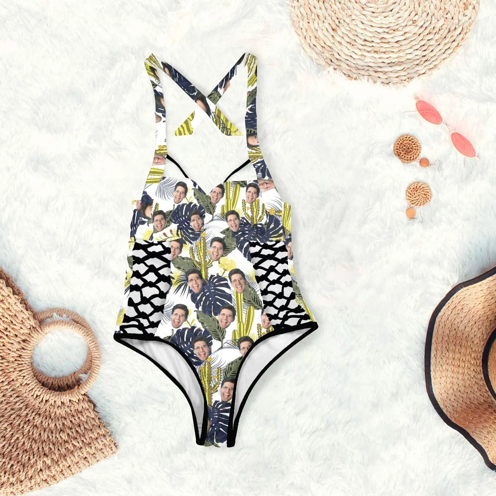 Custom Face Cactus Women's Sexy One Pieces Swimsuit Lace Up Side Halter Back Tie Swimsuit Face Bathing Suit