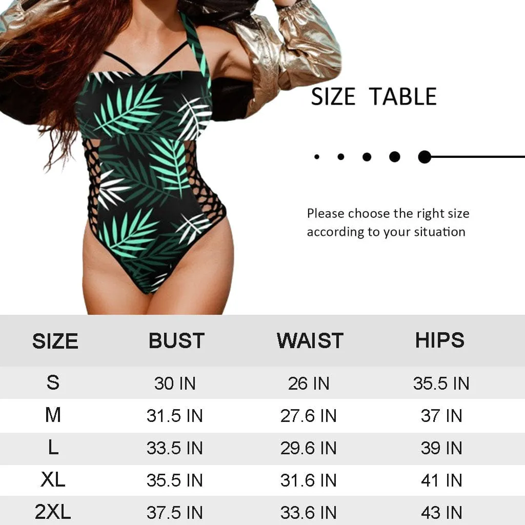 Custom Face Cactus Women's Sexy One Pieces Swimsuit Lace Up Side Halter Back Tie Swimsuit Face Bathing Suit