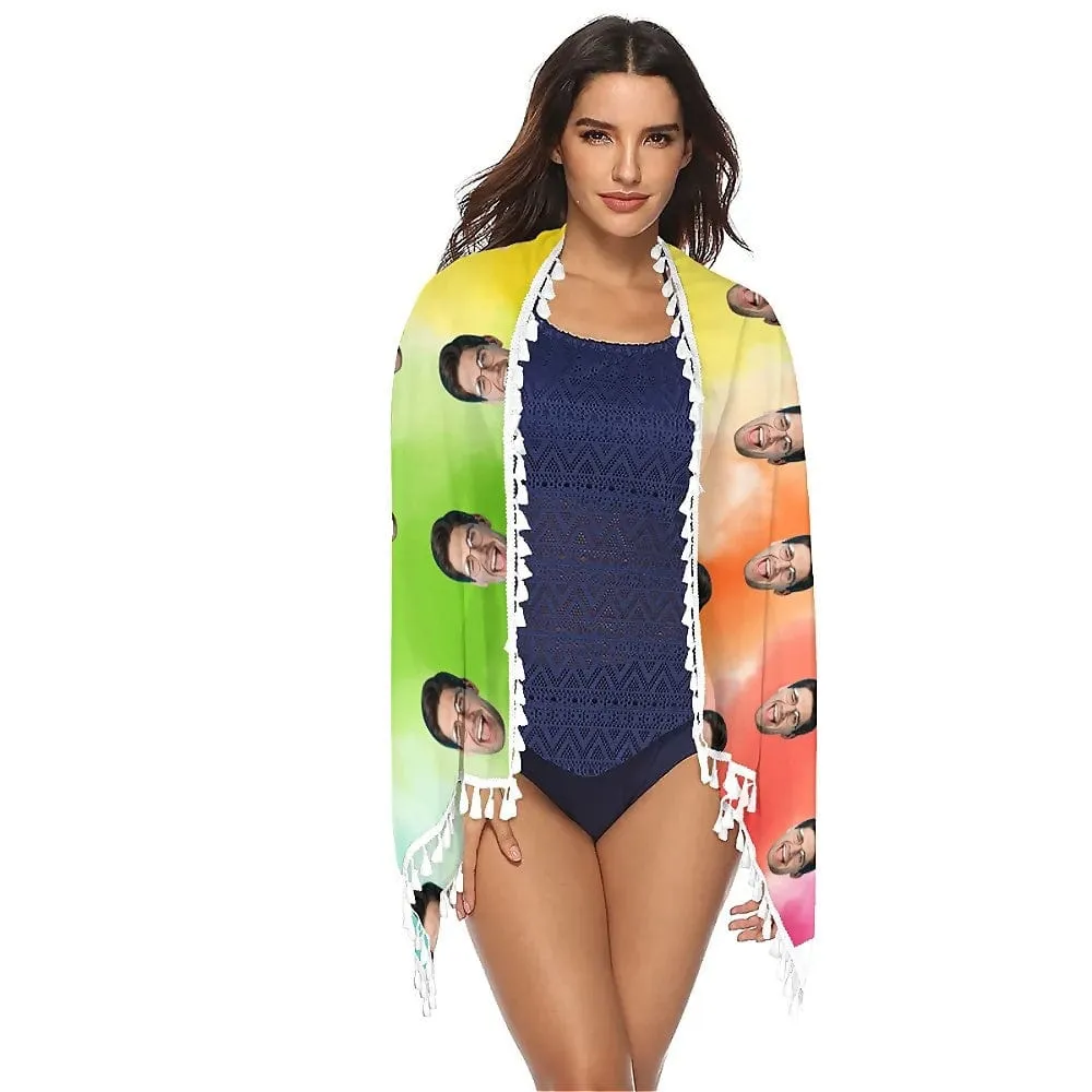 Custom Face Colorful Beach Wraps Chiffon Sarong Bikini Swimsuit Cover Ups Skirt Tassels