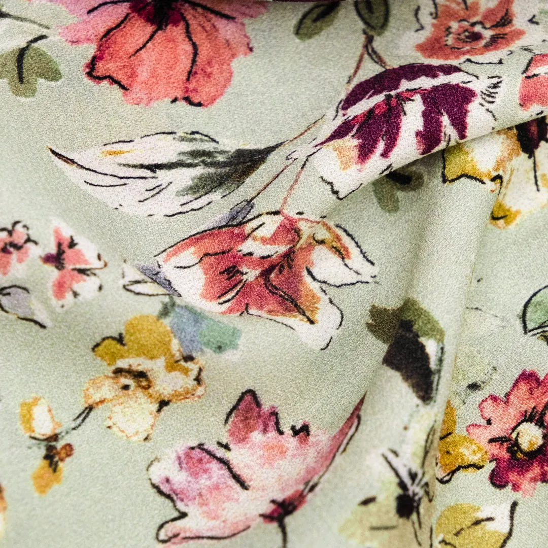 Deadstock Blossom Ballet Midweight Viscose Crepe - Pistachio/Rose