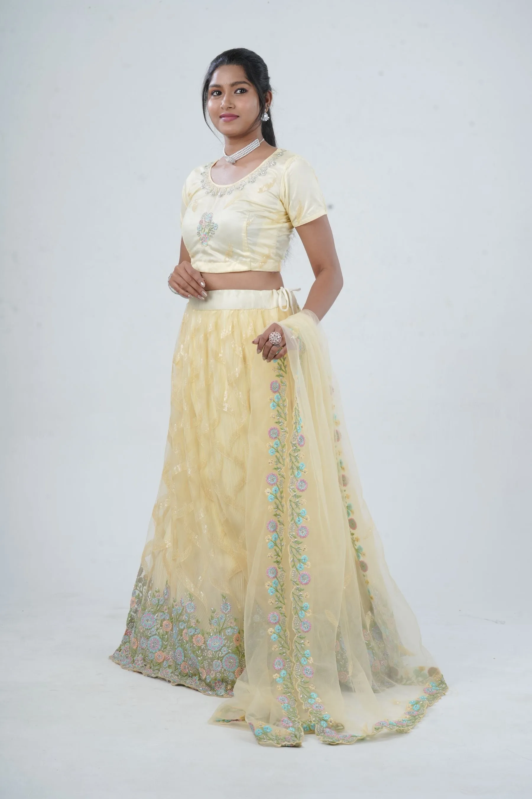 Designer Soft Net Lehenga & Crop Top With Stone and Sequins Work