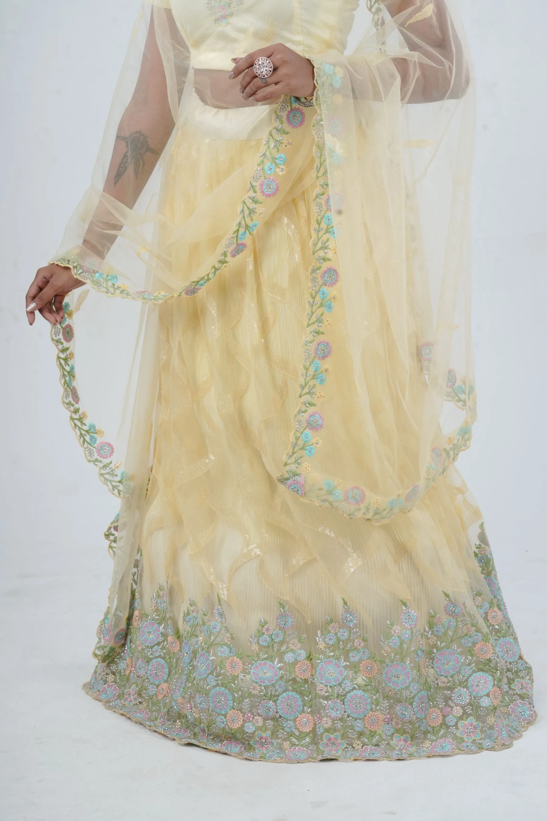 Designer Soft Net Lehenga & Crop Top With Stone and Sequins Work