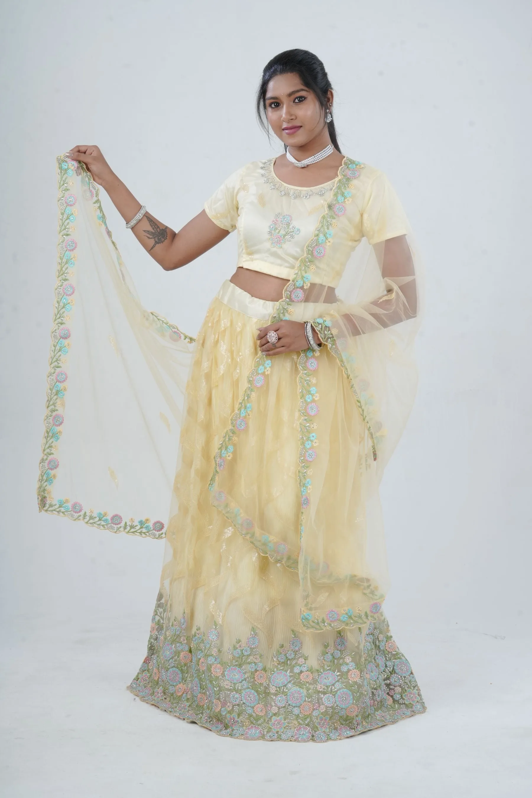 Designer Soft Net Lehenga & Crop Top With Stone and Sequins Work