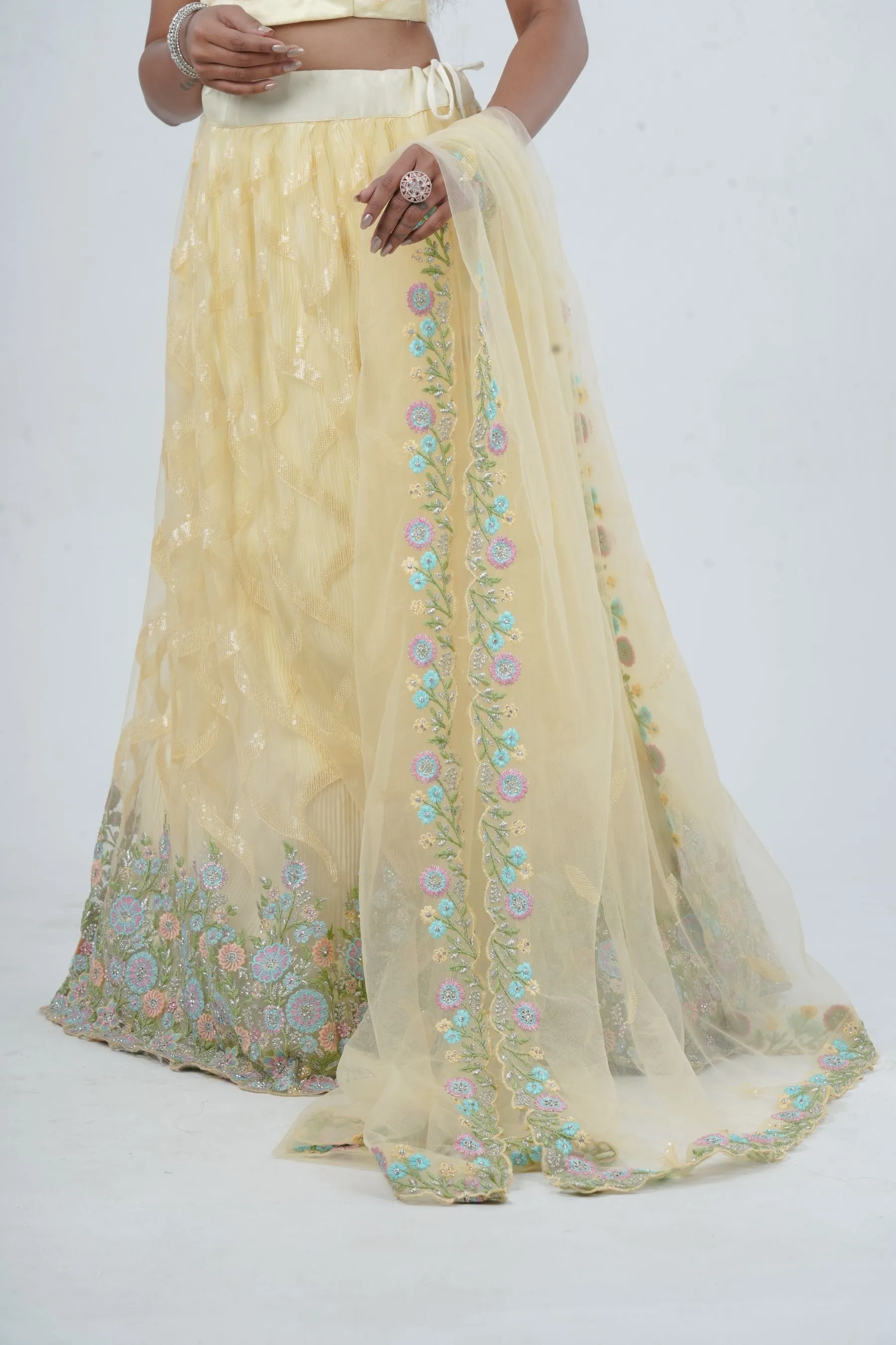 Designer Soft Net Lehenga & Crop Top With Stone and Sequins Work