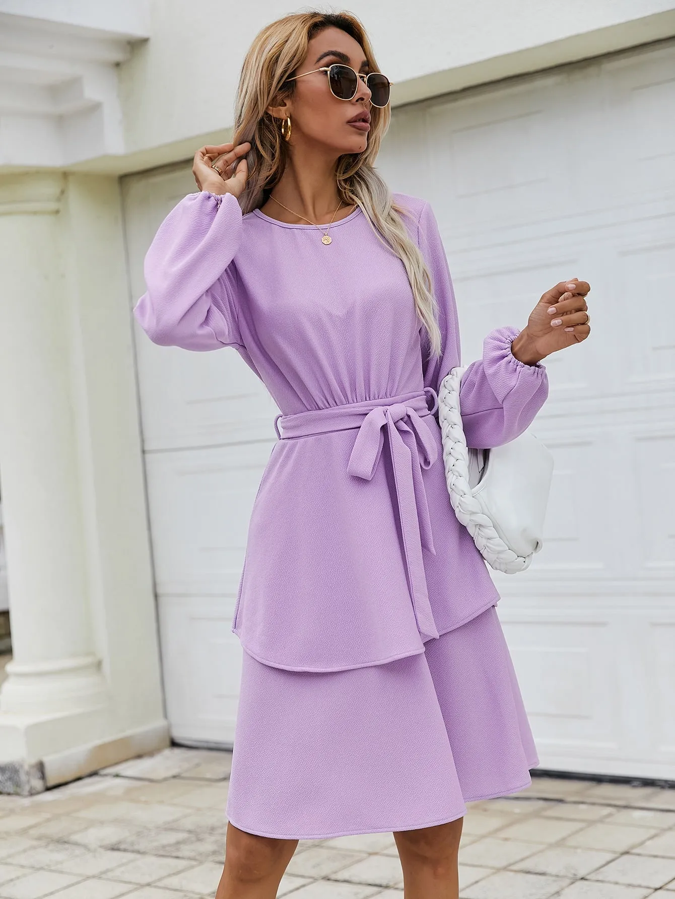 Elegant Plain Zipper Long Sleeve Round Neck Layered/Tiered High Waist Knee Length Dress