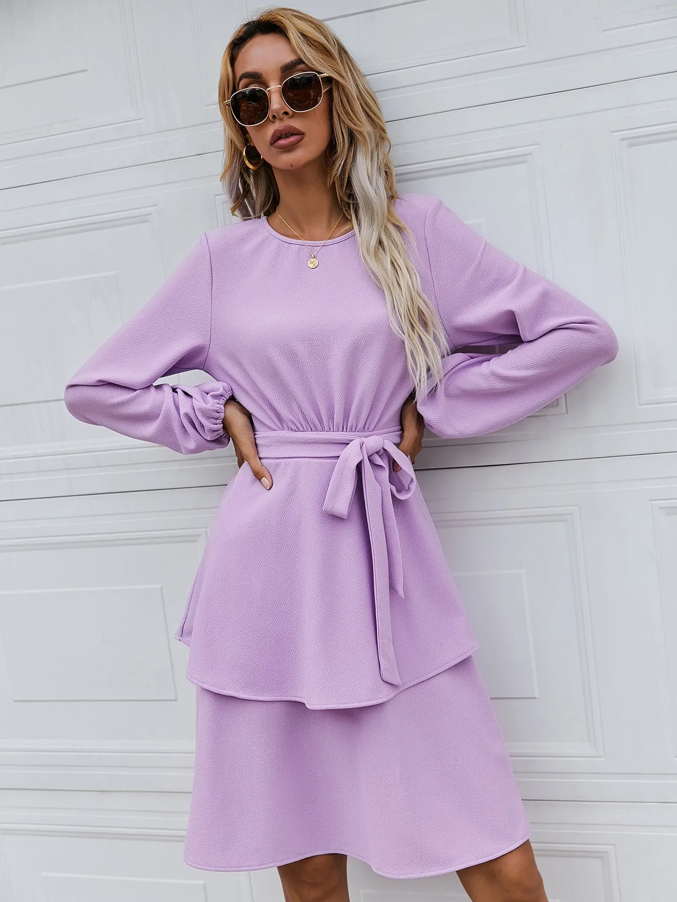 Elegant Plain Zipper Long Sleeve Round Neck Layered/Tiered High Waist Knee Length Dress