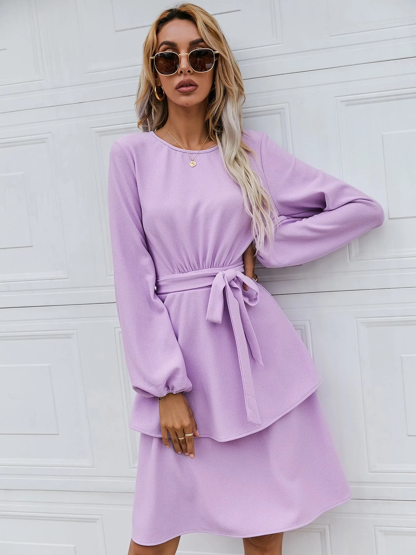 Elegant Plain Zipper Long Sleeve Round Neck Layered/Tiered High Waist Knee Length Dress