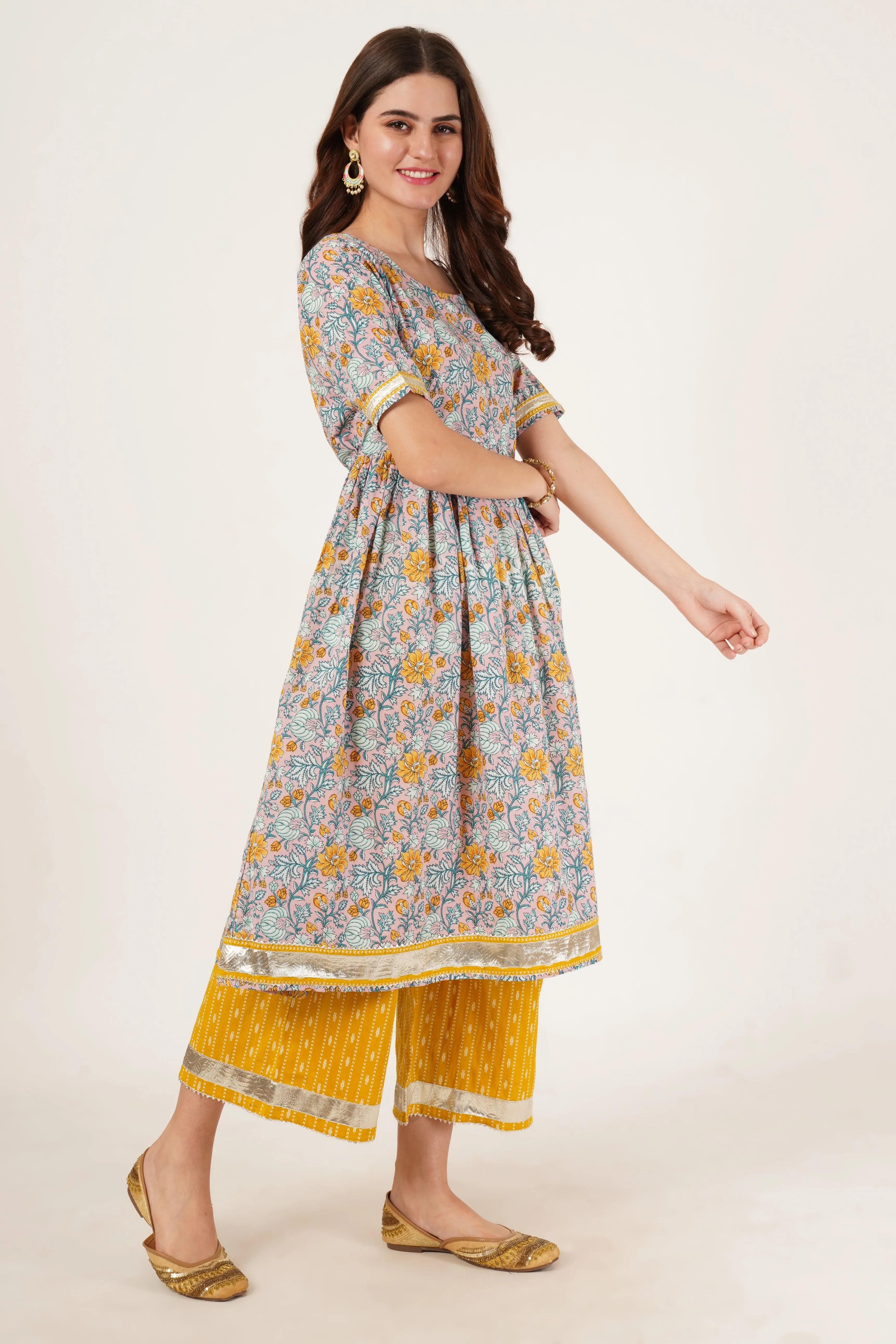 Festive Style Cotton A-Line Kurta with Palazzo Set for Women