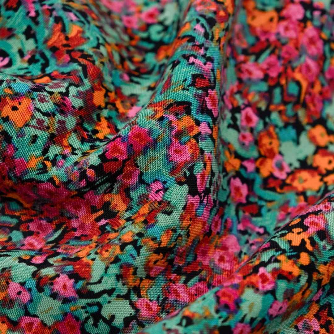 Floral Meltdown Rayon Challis - Turquoise/Raspberry/Tangerine
