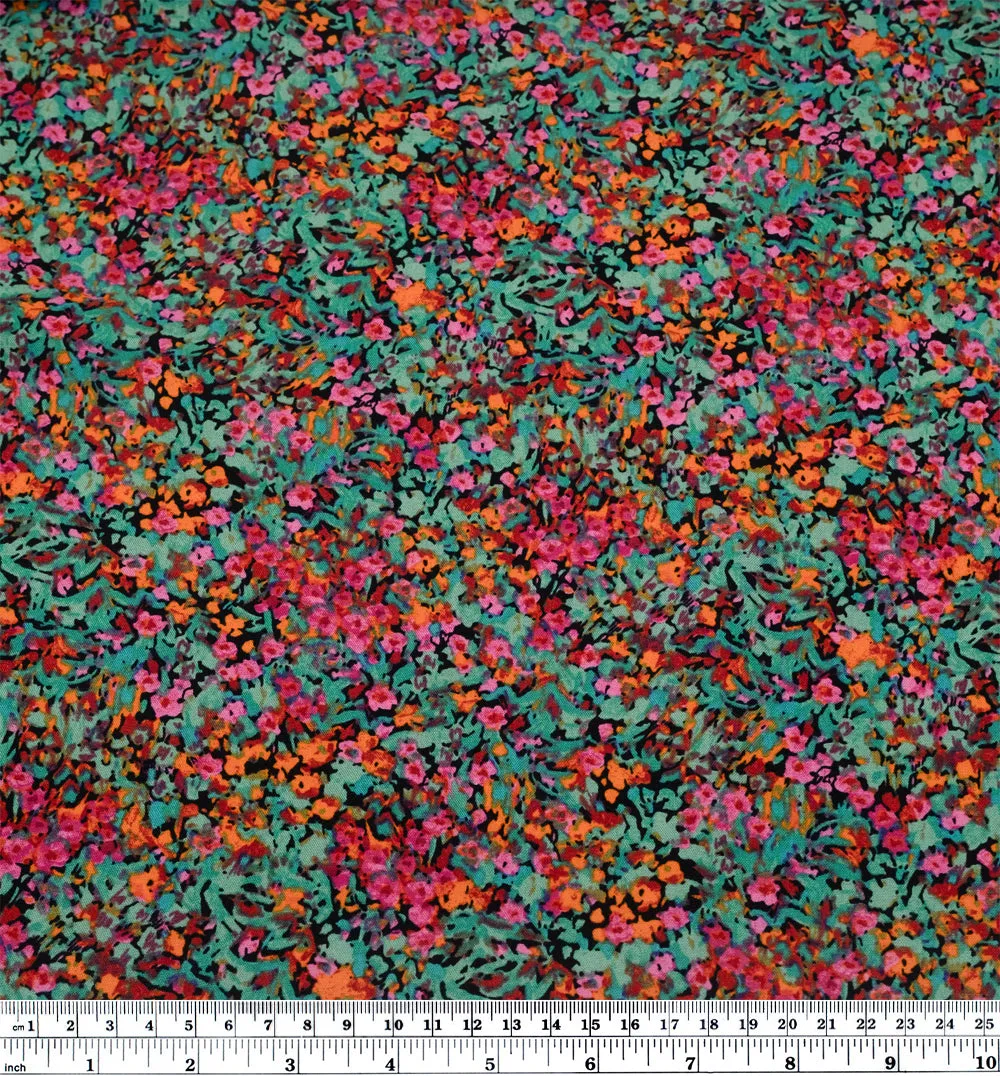 Floral Meltdown Rayon Challis - Turquoise/Raspberry/Tangerine