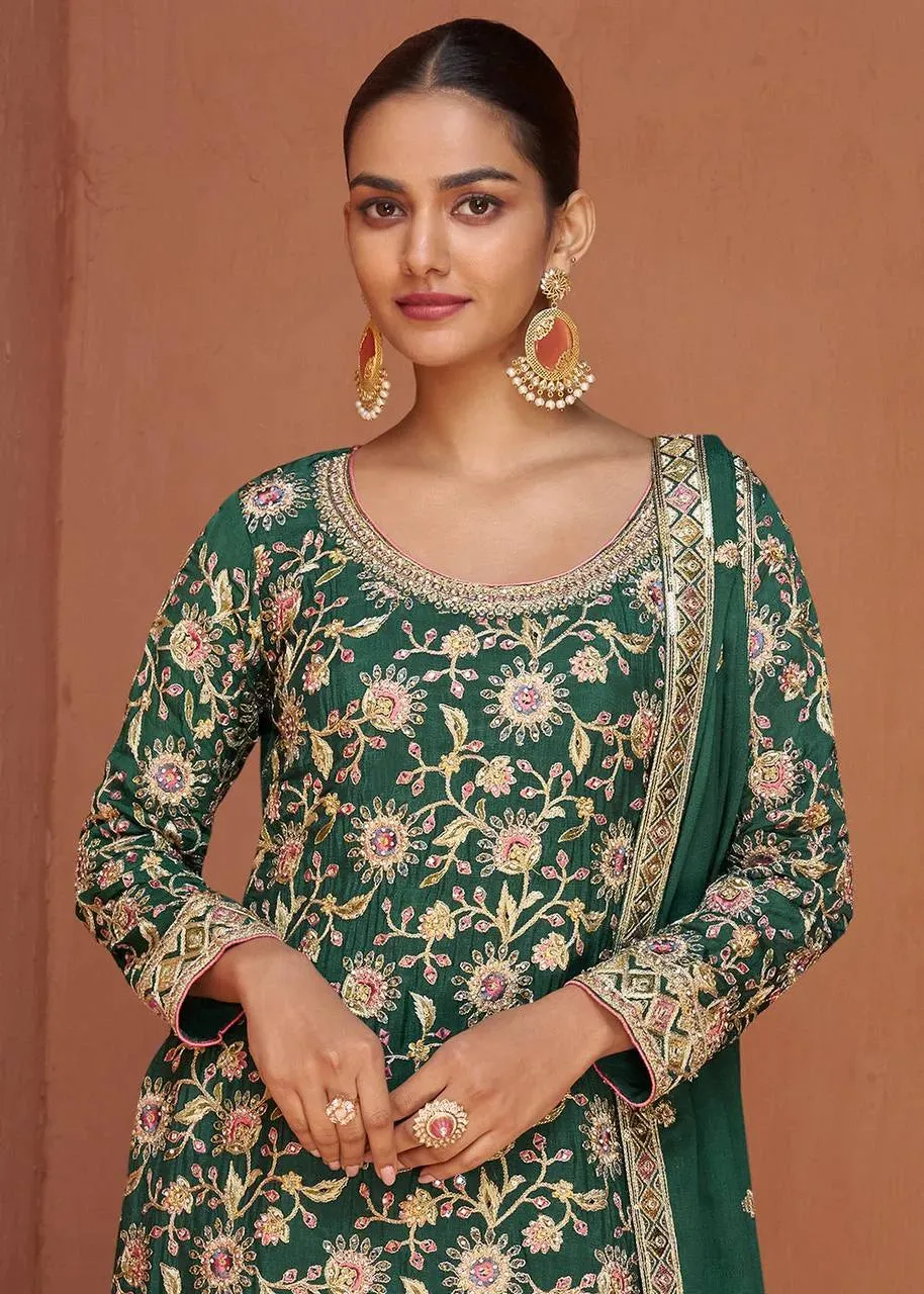 Formidable Forest Green Embroidered Chinon Palazzo Suit