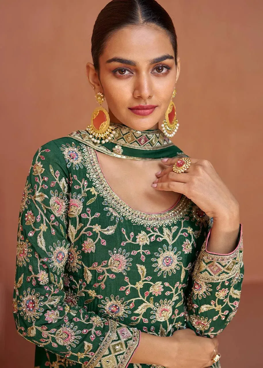 Formidable Forest Green Embroidered Chinon Palazzo Suit