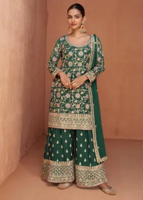 Formidable Forest Green Embroidered Chinon Palazzo Suit